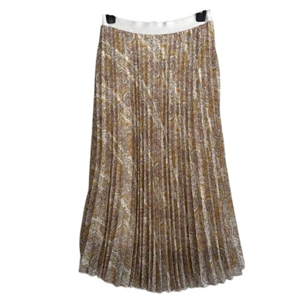 WD-NY Paisley Pleated Accordion Midi Skirt Gold Purple‎ Cream Elastic Waist 8